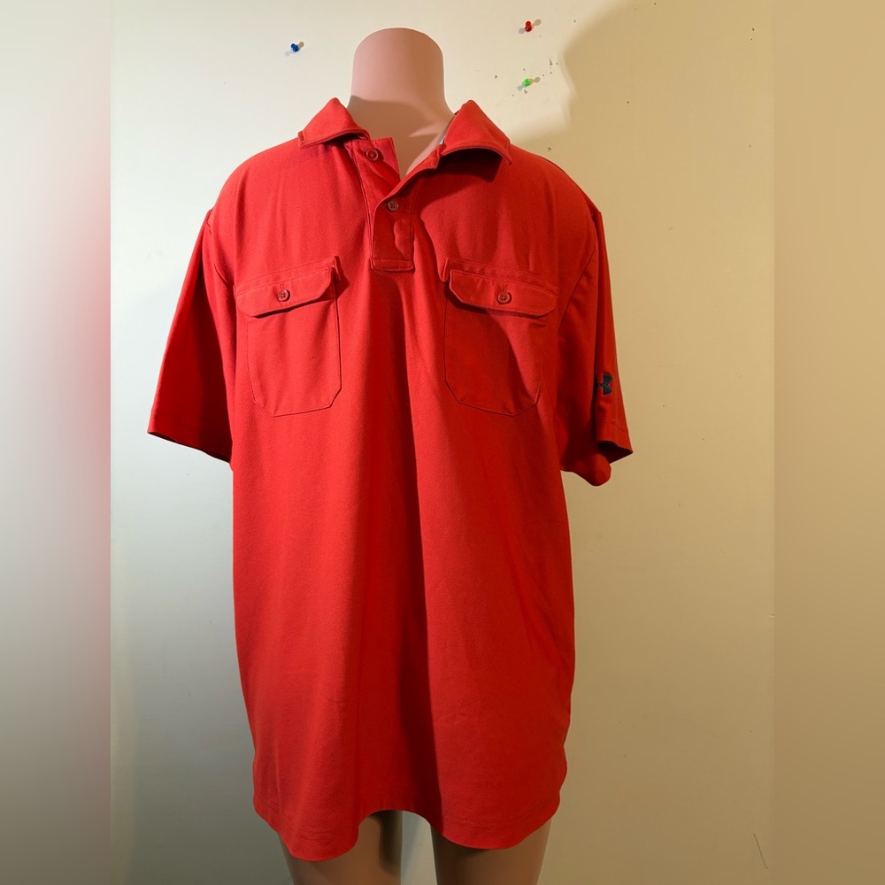 Under Armour Shirt Mens XL 2 button collar Red Heatgear Two Flap Pocket pullover